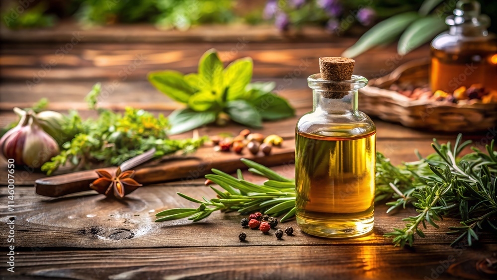 Aromatic Bottle on Rustic Wooden Table - Minimalist Composition Aromatic Bottle on Rustic Wooden Table - Minimalist Composition
