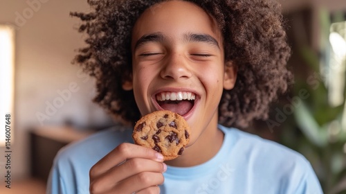 In his hand was a very delicious and delicious thick chocolate chip cookie that had been bitten. Smile happily and open your mouth. He was wearing a light blue T-shirt. He was happy. He seemed happy.