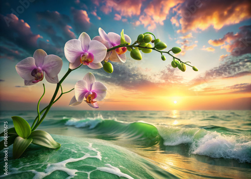 beautiful orchid flower blooms against serene ocean backdrop, with gentle waves and vibrant sunset. scene captures tranquility and natural beauty