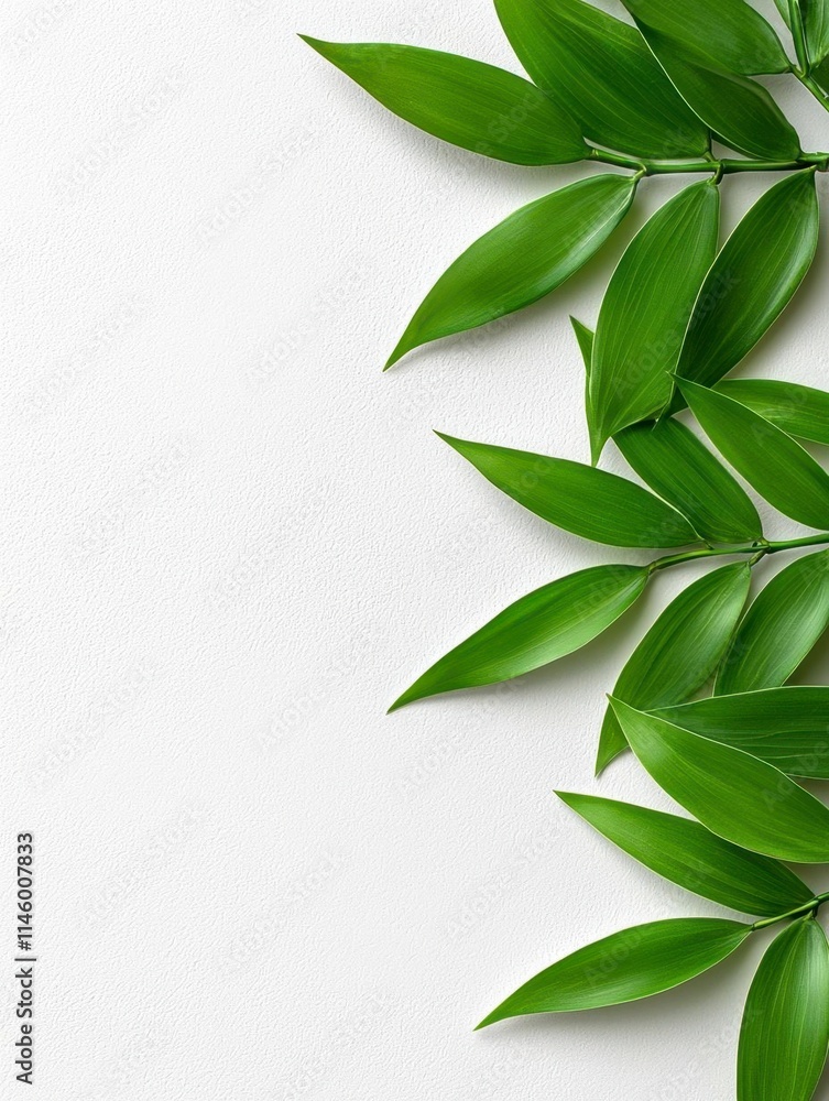 A photostock of vibrant green bamboo leaves layered artistically, casting delicate shadows on a clean white background, natural and serene, High Quality A photostock of vibrant green bamboo leaves layered artistically, casting delicate shadows on a clean white background, natural and serene, High Quality