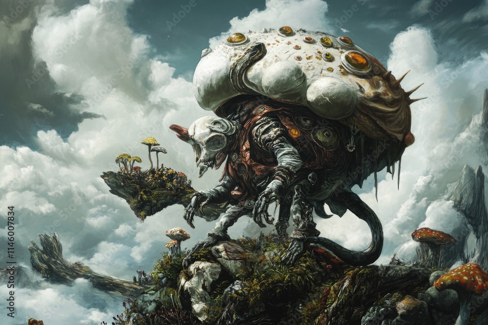 A giant mushroom grows on the summit of a mountain, surrounded by rugged terrain A giant mushroom grows on the summit of a mountain, surrounded by rugged terrain
