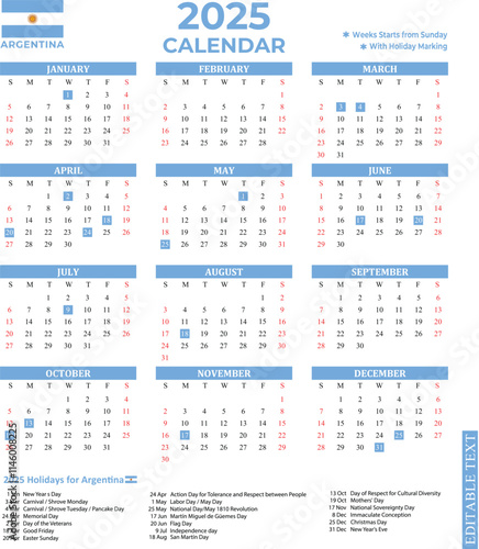 Argentina 2025 yearly calendar with national holidays 