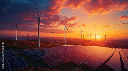 Renewable energy landscape at sunset: wind turbines and solar panels in harmony