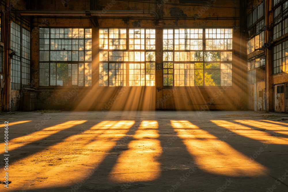 Golden sunlight illuminating abandoned industrial building through large windows Golden sunlight illuminating abandoned industrial building through large windows