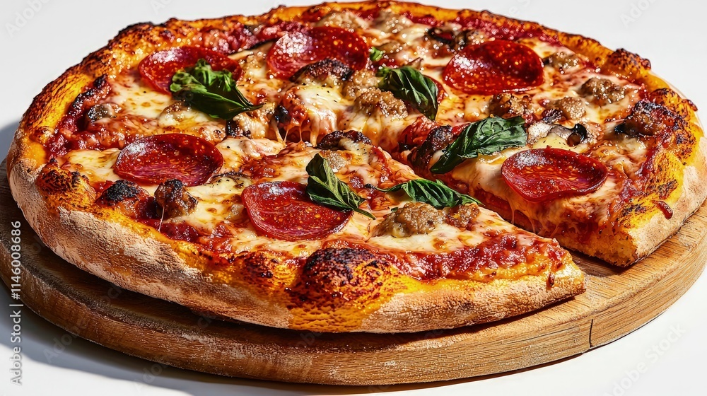 Delicious pepperoni and sausage pizza on wooden board.