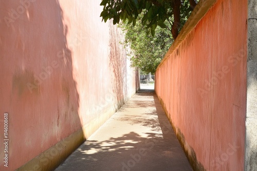 A narrow alley with a red wall and a tree, suitable for use in scenes about secrecy or exclusivity photo