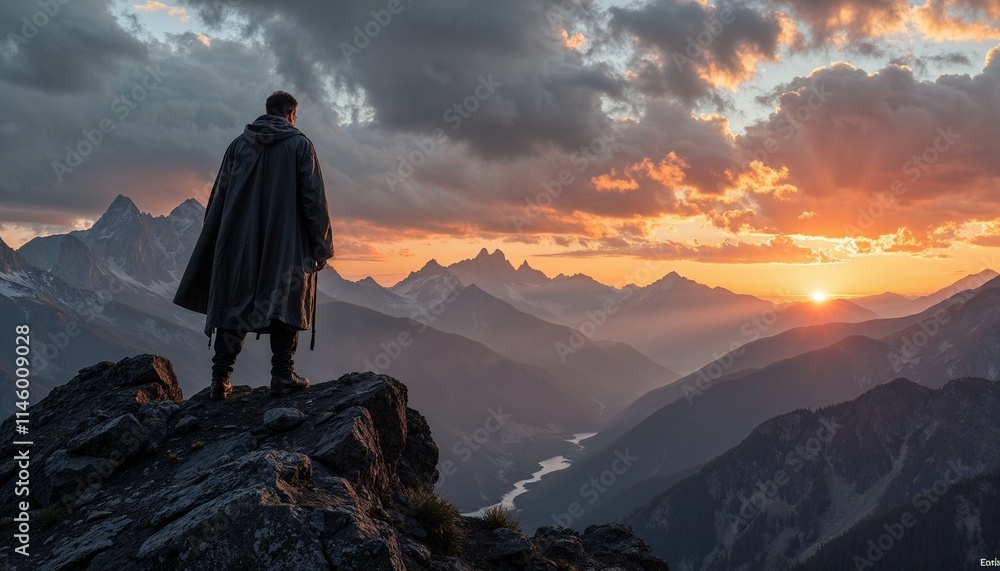 Fototapeta premium Climber on a rocky ledge watching the sunrise over a vast range of rugged mountain peaks