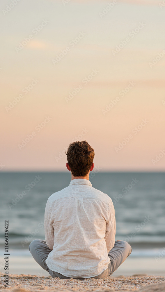 man sits peacefully on beach, enjoying serene ocean view man sits peacefully on beach, enjoying serene ocean view