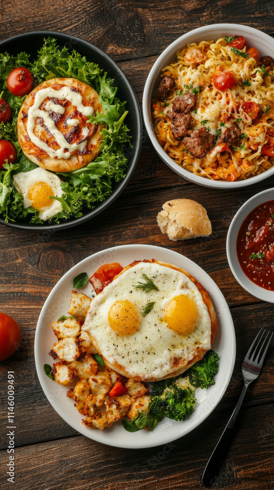 Delicious breakfast spread with eggs, greens, and pasta dishes Delicious breakfast spread with eggs, greens, and pasta dishes