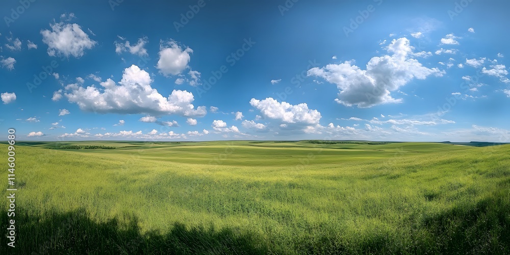 Fototapeta premium A green, grassy field under the blue sky with white clouds, a large grain farm in view