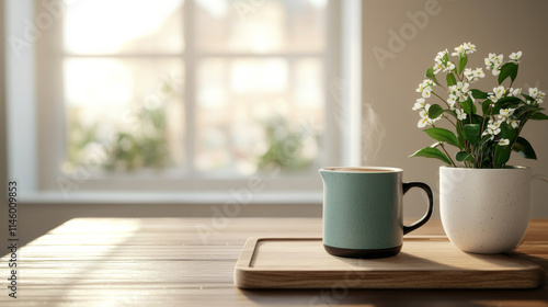 Wallpaper Mural cozy scene featuring steaming cup and potted plant on wooden table Torontodigital.ca