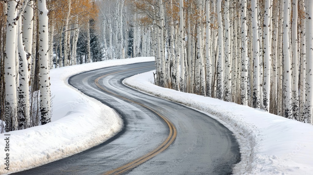 Obraz premium Snowy Road Through Birch Forest