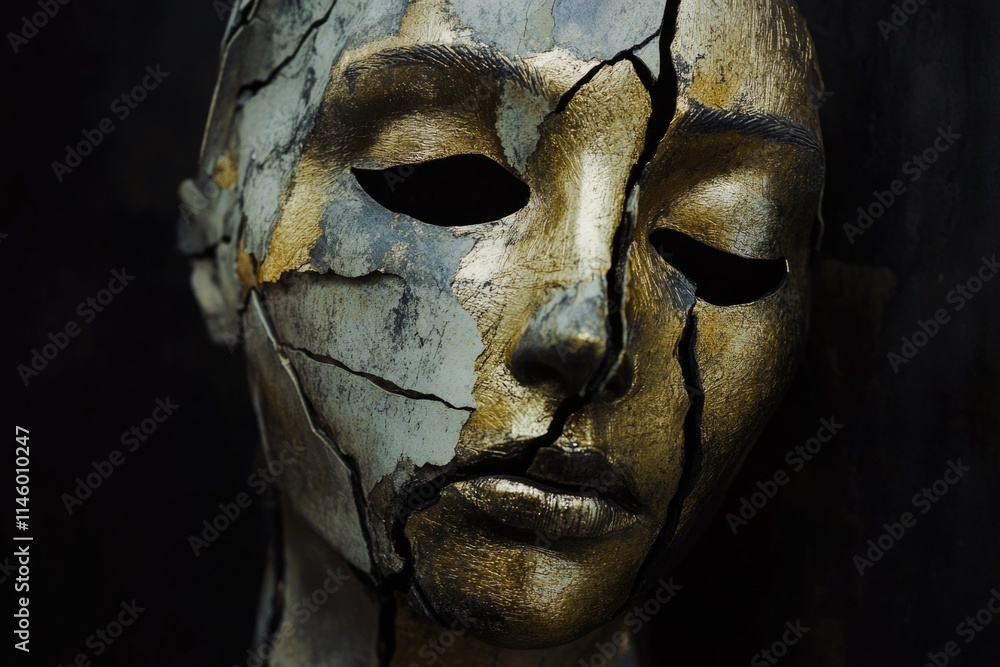 A close-up shot of a worn-out mask with visible cracks, ideal for representing decay or neglect A close-up shot of a worn-out mask with visible cracks, ideal for representing decay or neglect