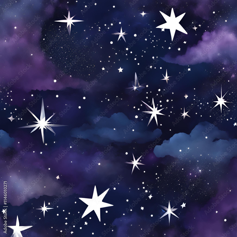 Naklejka premium A whimsical night sky pattern featuring sparkling stars and soft clouds in deep blues and purples, perfect for dreamy designs, textiles, and enchanting backgrounds.
