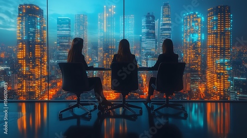 Wallpaper Mural Cityscape Ambition: Three businesswomen silhouette against a mesmerizing cityscape, their backs to the camera, suggesting a vision of ambition, collaboration, and boundless opportunity.  Torontodigital.ca