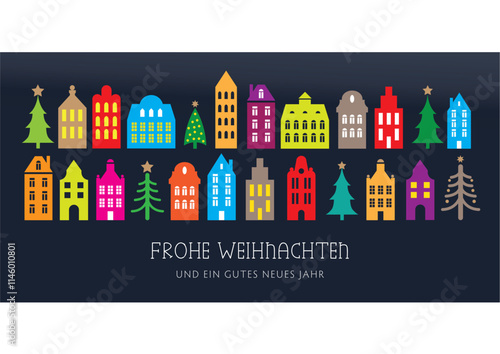 Frohe Weihnachten - bunte Altstadt mit beleuchteten Häusern und Weihnachtsbäumen - Weihnachtskarte mit deutschem Text