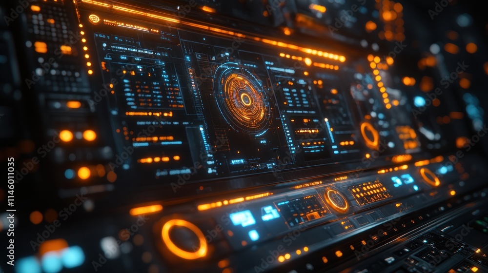 Fototapeta premium Futuristic Tech Interface: Orange and Blue Digital Dashboard Display