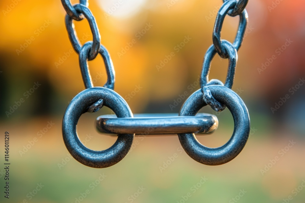 Close-up of metal chain link with autumn background in focus Close-up of metal chain link with autumn background in focus