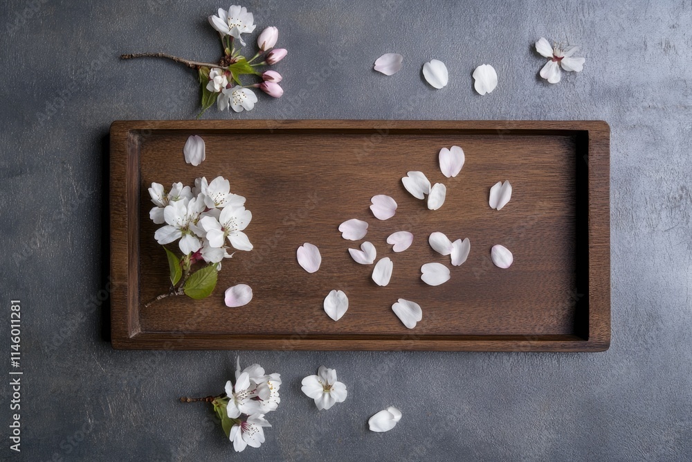 Flat Lay of Sakura Blossoms on Wooden Tray for Elegant Spring Design Flat Lay of Sakura Blossoms on Wooden Tray for Elegant Spring Design