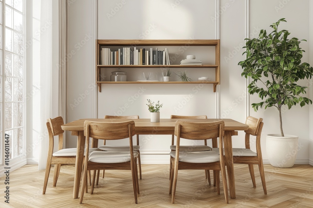 A wooden dining table with six chairs around it and a potted plant in the corner A wooden dining table with six chairs around it and a potted plant in the corner