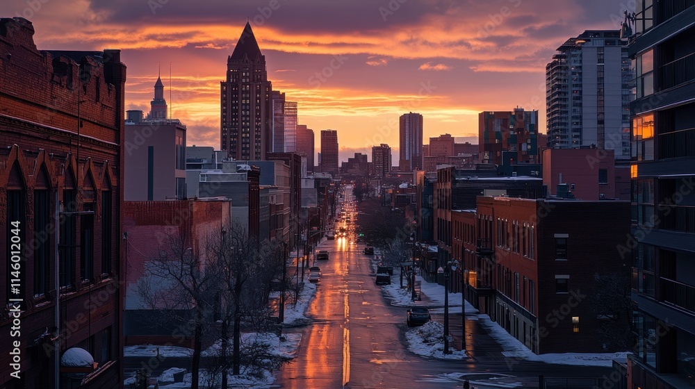 Fototapeta premium Stunning Sunrise over Cityscape Winter Street Scene in Minnesota, USA