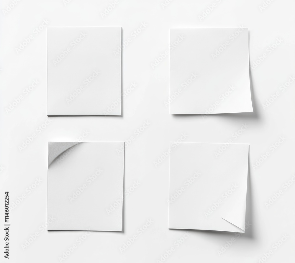 4 white sticky notes isolated on the background, in various shapes and sizes. 4 white sticky notes isolated on the background, in various shapes and sizes.