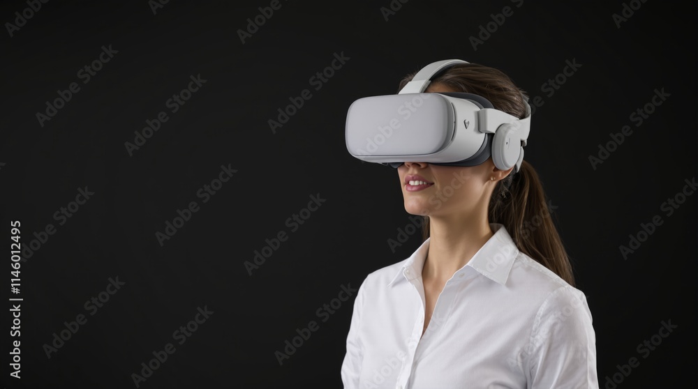 Woman in white shirt using virtual reality headset, dark background. Woman in white shirt using virtual reality headset, dark background.