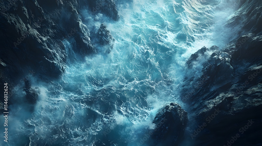 Aerial view of ocean waves crashing against rocks, with blue and turquoise colors Aerial view of ocean waves crashing against rocks, with blue and turquoise colors