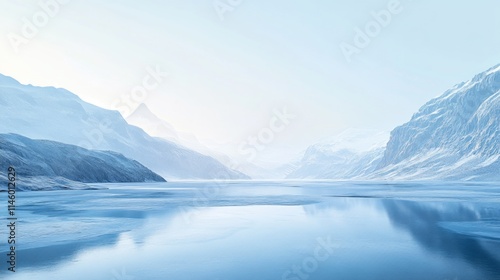 A beautiful view of a frozen lake with mountains in the background.