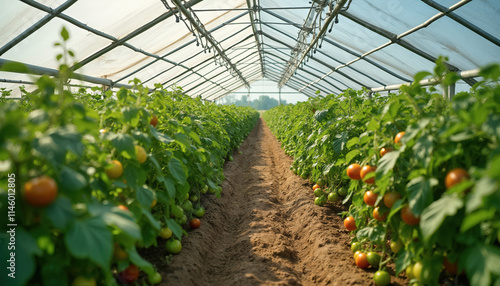 Invernadero con tomates en crecimiento, distribuidos en largas filas bajo luz natural. photo