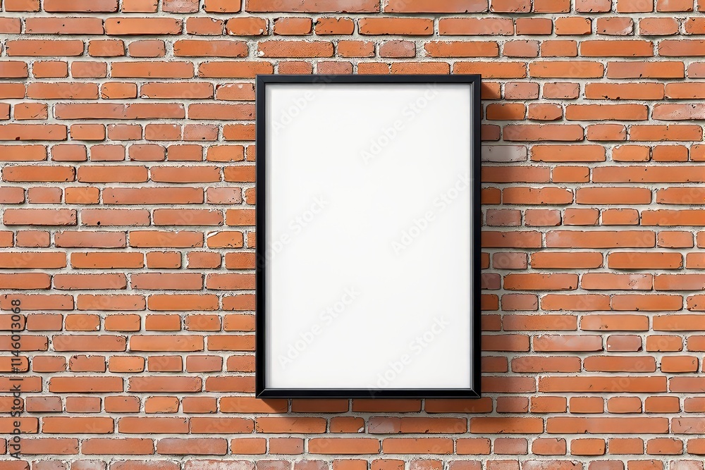 Blank black-framed poster on a red brick wall background. Blank black-framed poster on a red brick wall background.