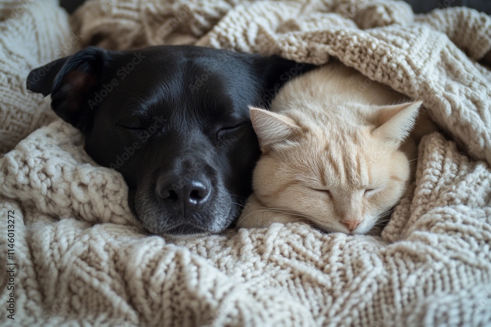 Obraz premium A black dog and a white cat are sleeping together under a blanket
