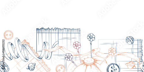 Hand drawn ink vector illustration sewing craft supplies. Fabric pin cushion, needles, wooden buttons ribbon lace, indigo beige. Frame isolated on white background. Design atelier, tailor, hobby shop