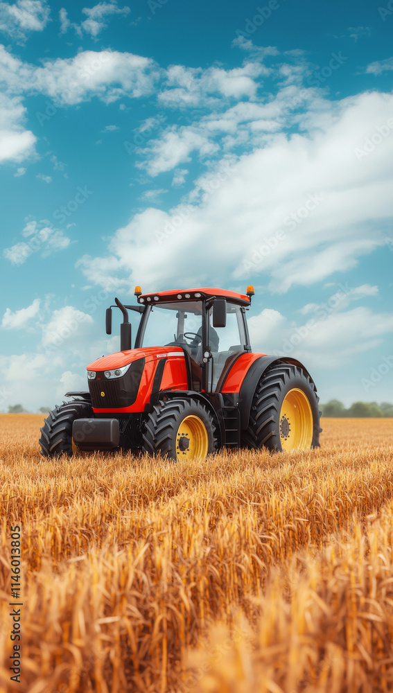 vibrant red trac r in golden wheat field under blue sky vibrant red trac r in golden wheat field under blue sky
