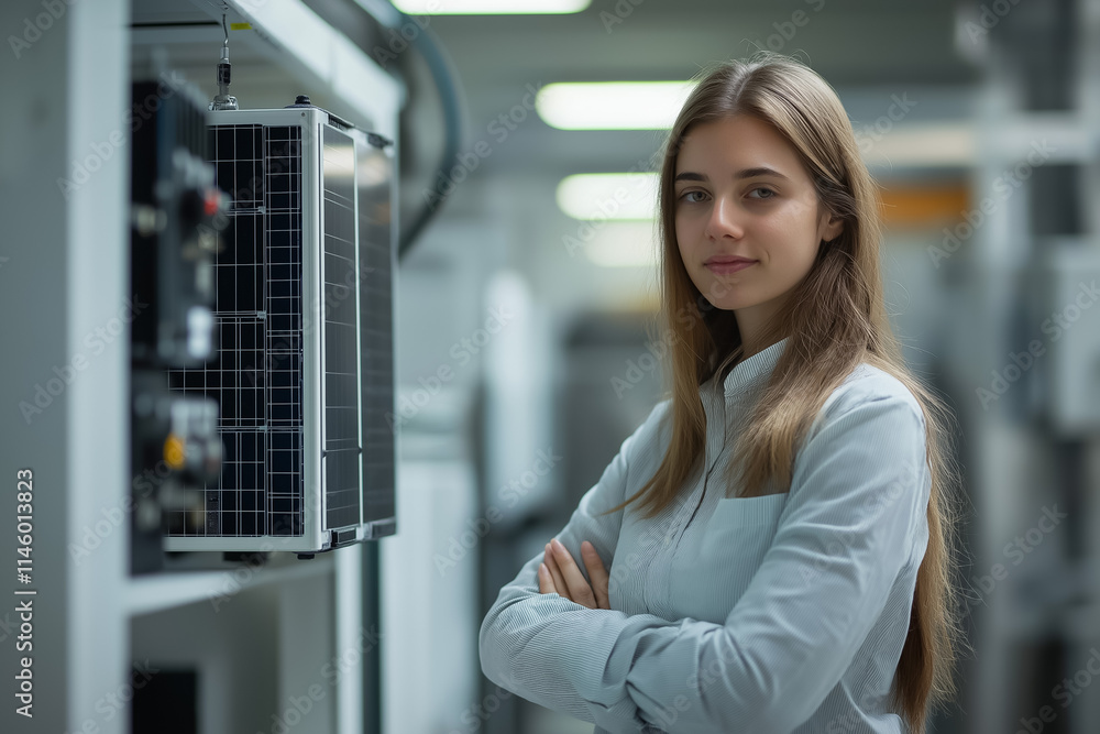A female engineer standing next to an advanced solar-powered device in a modern lab A female engineer standing next to an advanced solar-powered device in a modern lab