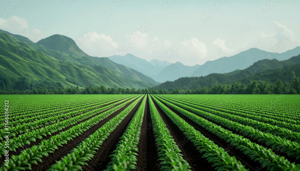 Lush green fields stretch across landscape with mountains in background Lush green fields stretch across landscape with mountains in background
