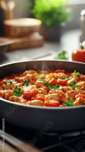 Delicious chicken stew with vegetables and herbs in pan