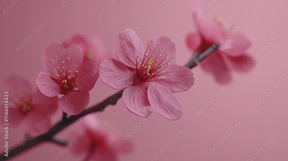 Pink cherry blossoms in full bloom on soft pink background