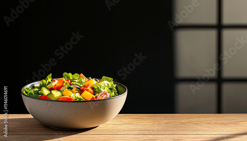 Fresh salad bowl with colorful vegetables on wooden table