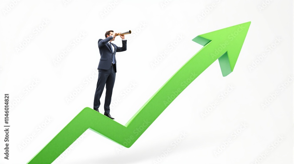 Businessman with telescope stands on rising green arrow, symbolizing growth and future opportunities. Businessman with telescope stands on rising green arrow, symbolizing growth and future opportunities.