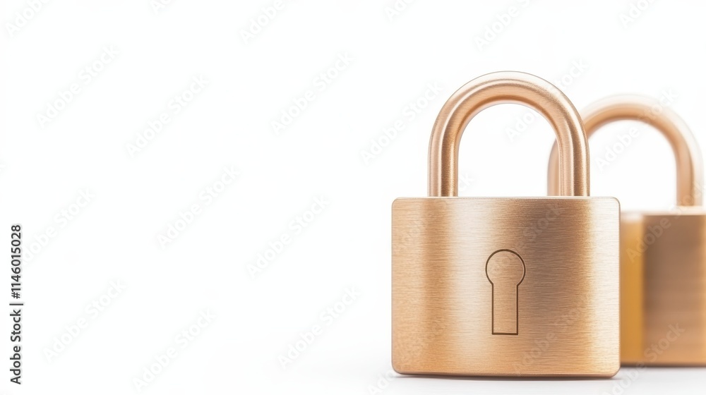 Two brass padlocks are positioned closely together, symbolizing security and protection in a minimalist setting. Two brass padlocks are positioned closely together, symbolizing security and protection in a minimalist setting.