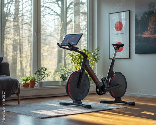  Exercise Bike on Polished Wood Floor in Residential Setting, Equipped with Digital Display and Tablet