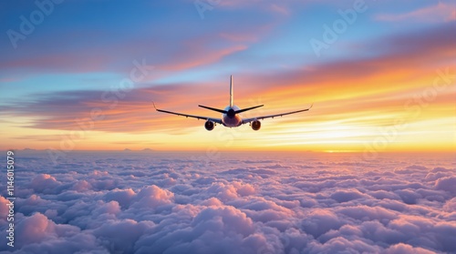 Fototapeta Naklejka Na Ścianę i Meble -  Airplane flying above fluffy clouds during vibrant sunset sky.