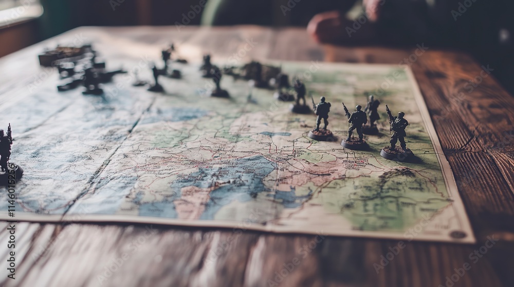 Close-up of detailed military strategy map with miniature soldiers and terrain models on wooden table for tactical planning and battlefield simulation.