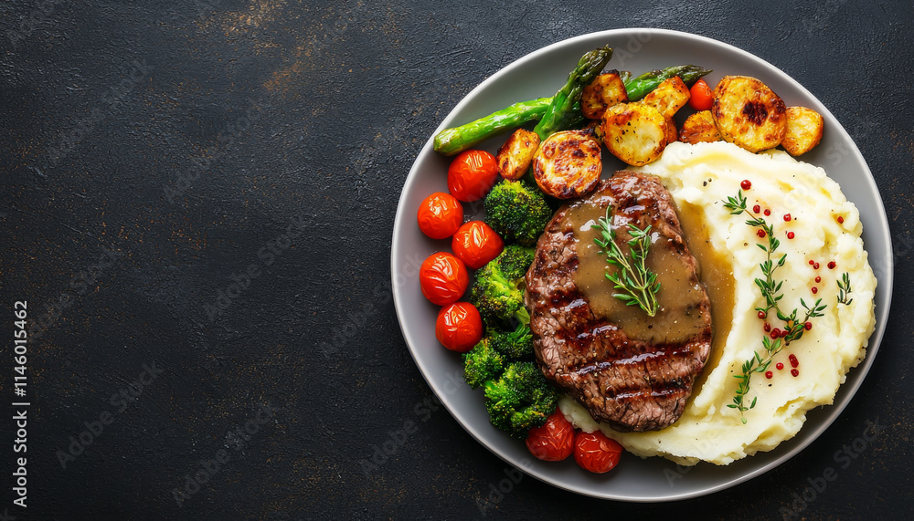 Delicious steak with mashed pota es, grilled vegetables, and herbs Delicious steak with mashed pota es, grilled vegetables, and herbs