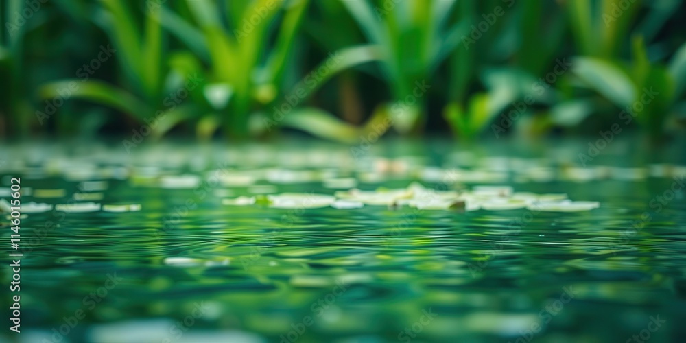 Blurred image of serene water surface with lush green plants in the background, environment, serene Blurred image of serene water surface with lush green plants in the background, environment, serene