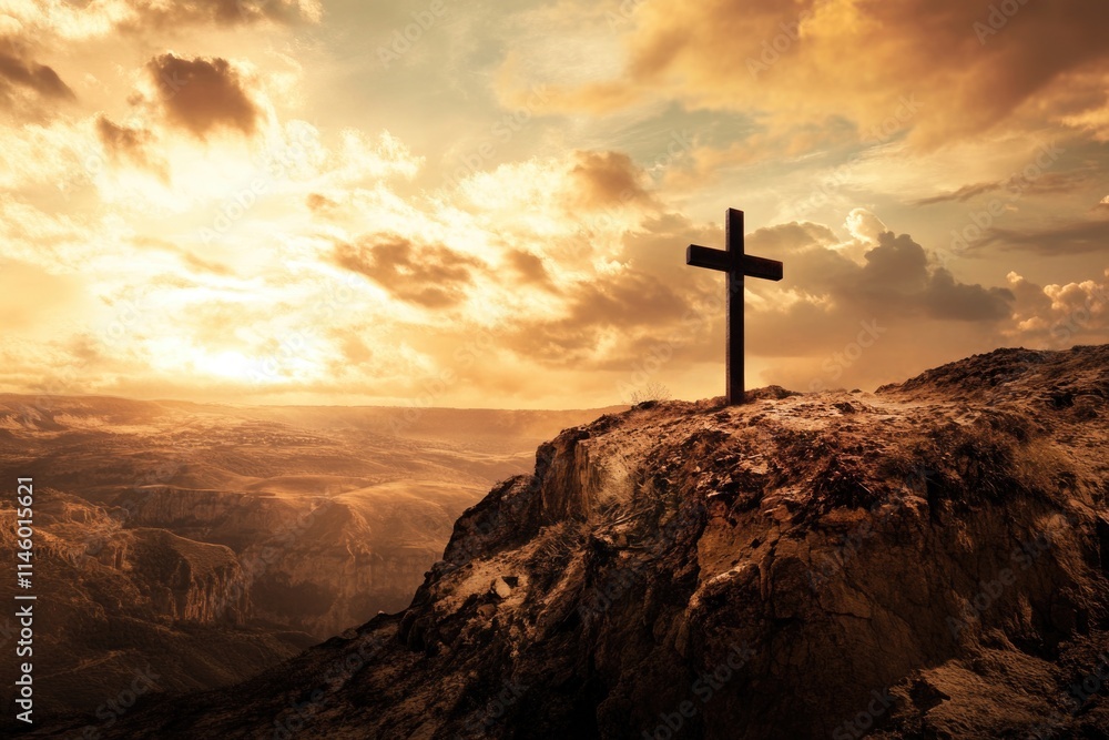 A cross sits atop a mountain, bathed in warm sunlight during a stunning sunset A cross sits atop a mountain, bathed in warm sunlight during a stunning sunset
