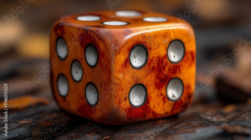 Intricate Dice: Close-up of a richly colored, handcrafted six-sided die resting on a dark, textured surface.  The detailed craftsmanship and warm tones create a captivating image.  photo