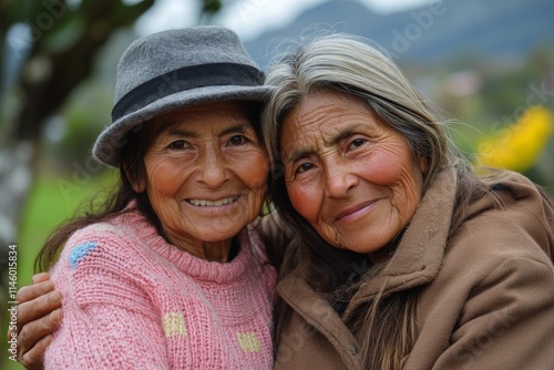 A woman with a gray hat and a young girl with a pink sweater hug each other photo