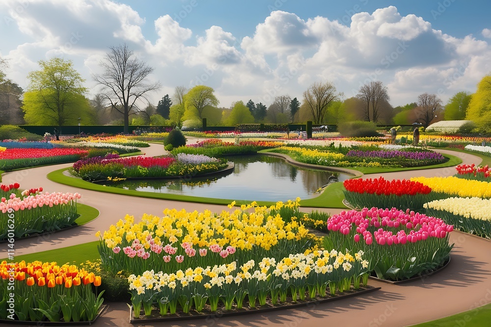 Obraz premium Flowerbed of the tulips of the different colors and other flowers on the shore of the reservoir in Keukenhof Park